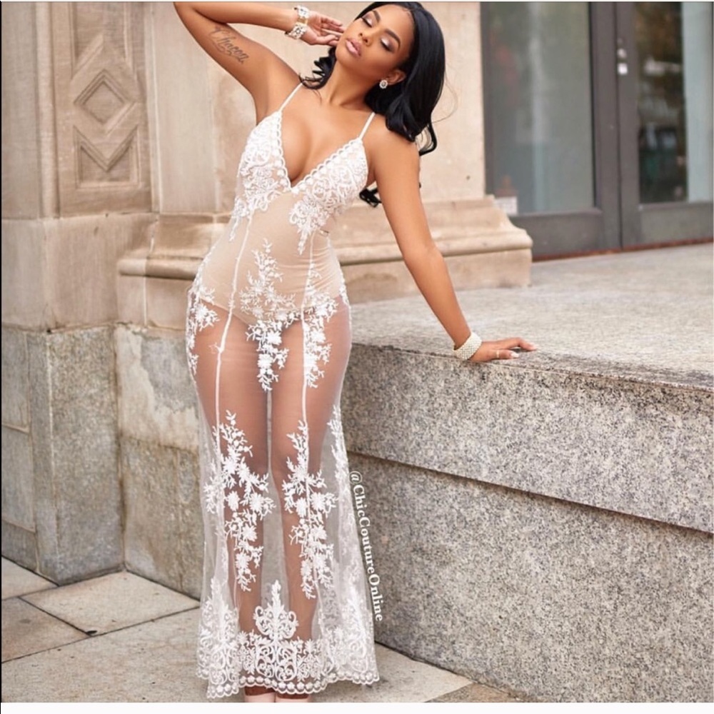 Neely Off-White Lace Nude Illusion Maxi Dress